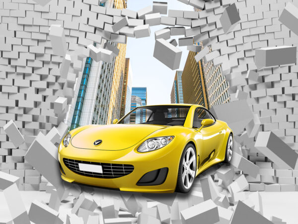 Žluté auto ve zdi z cihel Žluté auto ve zdi z cihel