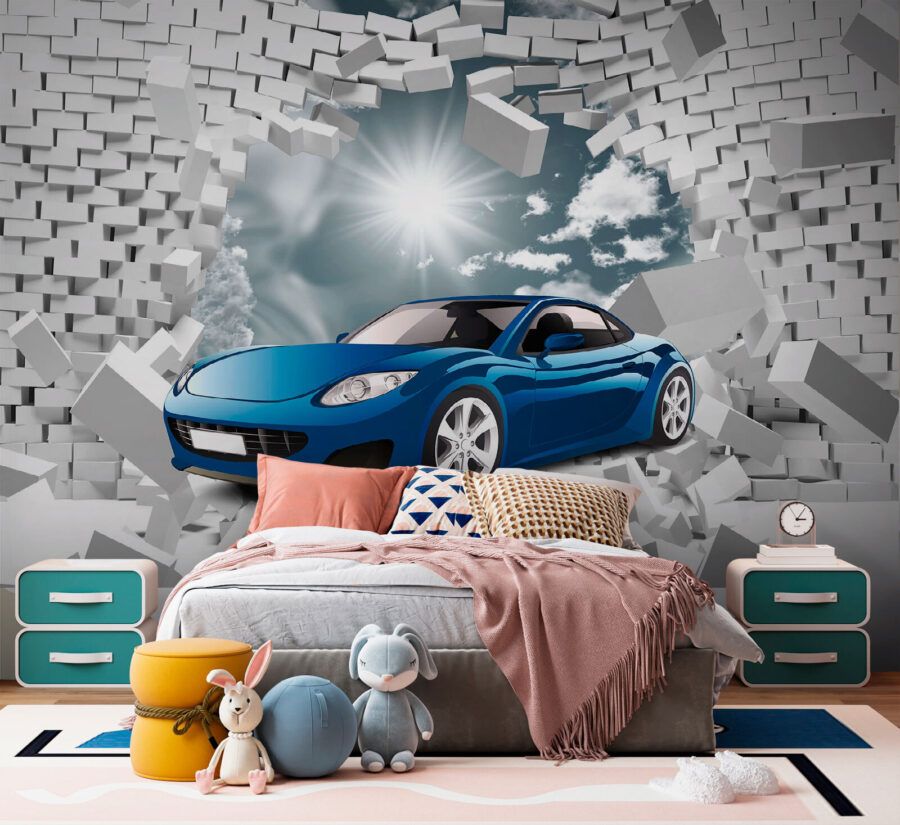 Modré auto ve zdi z bílých cihel
