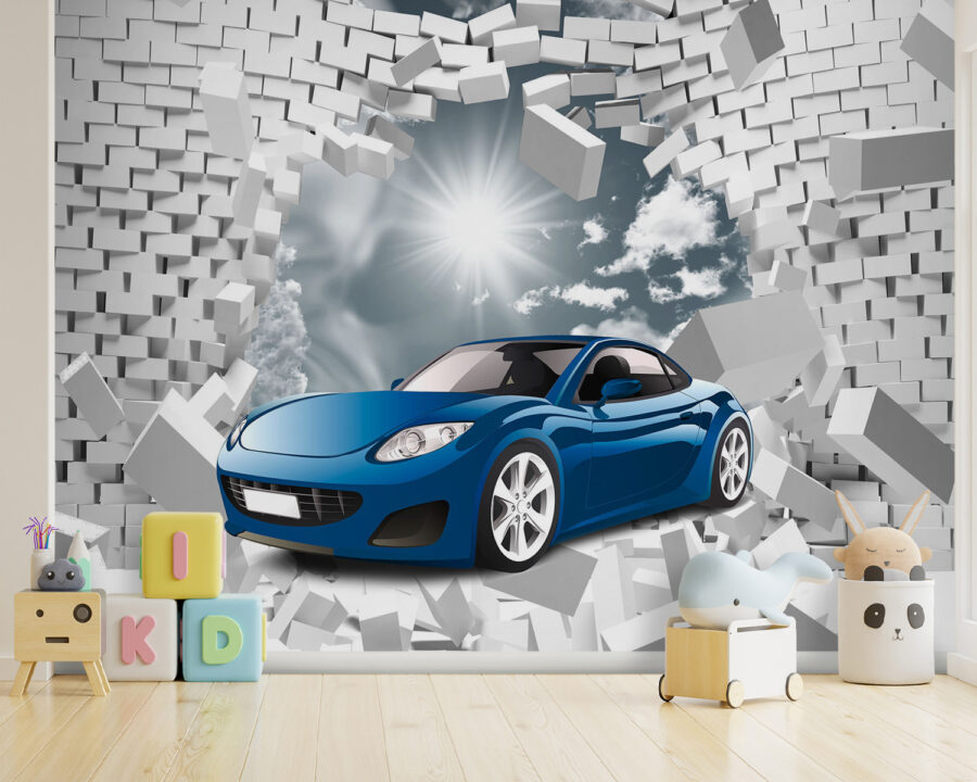 Modré auto ve zdi z bílých cihel