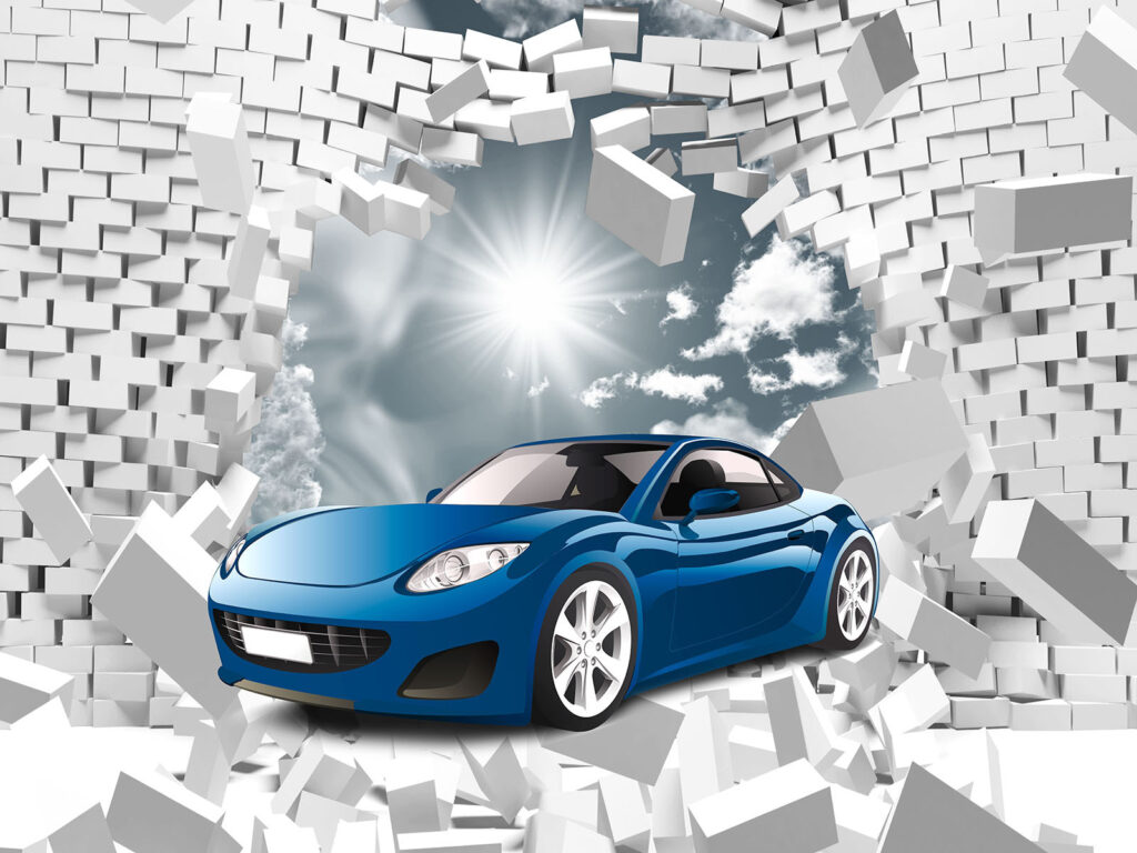 Modré auto ve zdi z bílých cihel Modré auto ve zdi z bílých cihel