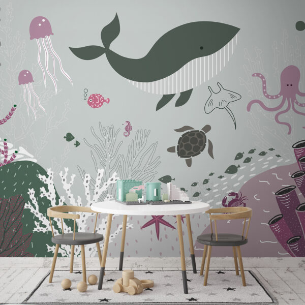 A sea life with a whale and seaweed