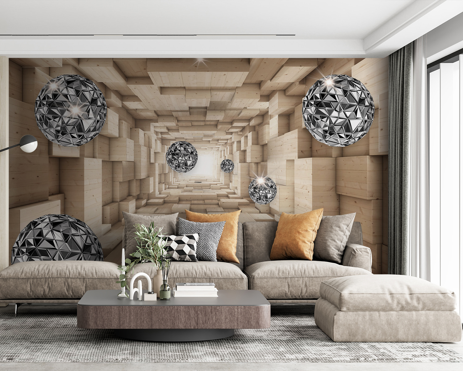 Room with wood and silver balls