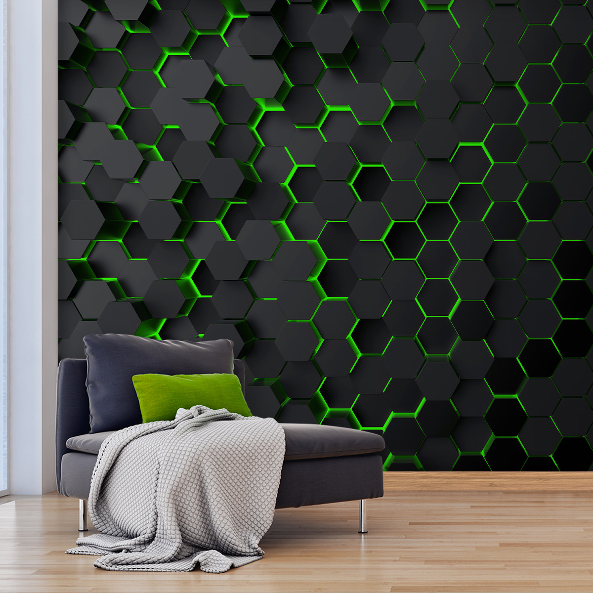 A black hexagons with green lights A black hexagons with green lights