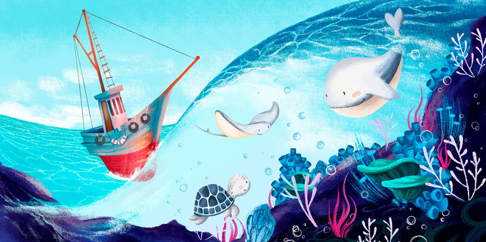 Cartoon of a boat and sea animals Cartoon of a boat and sea animals