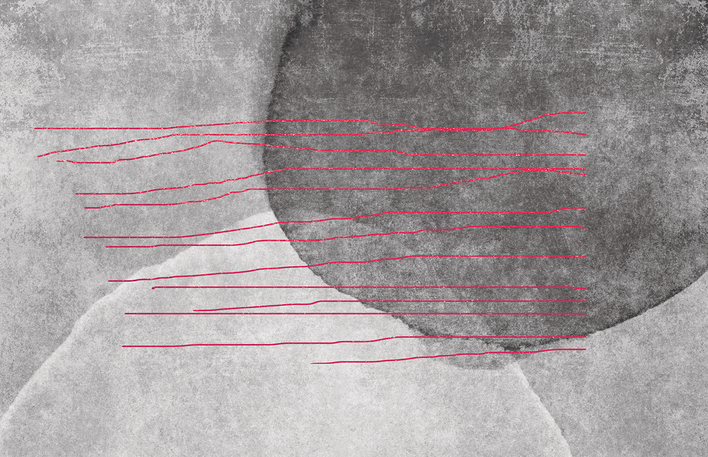 A black and white painting with red lines