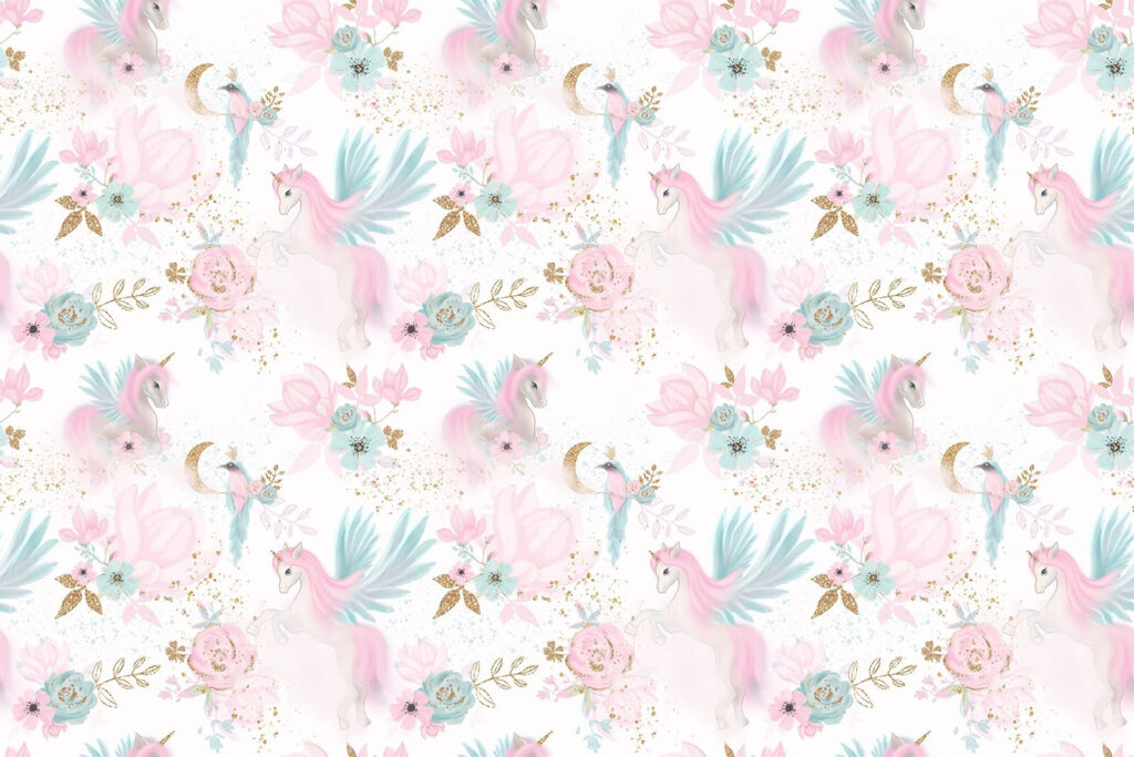 Pattern of pink and blue unicorns and flowers Pattern of pink and blue unicorns and flowers
