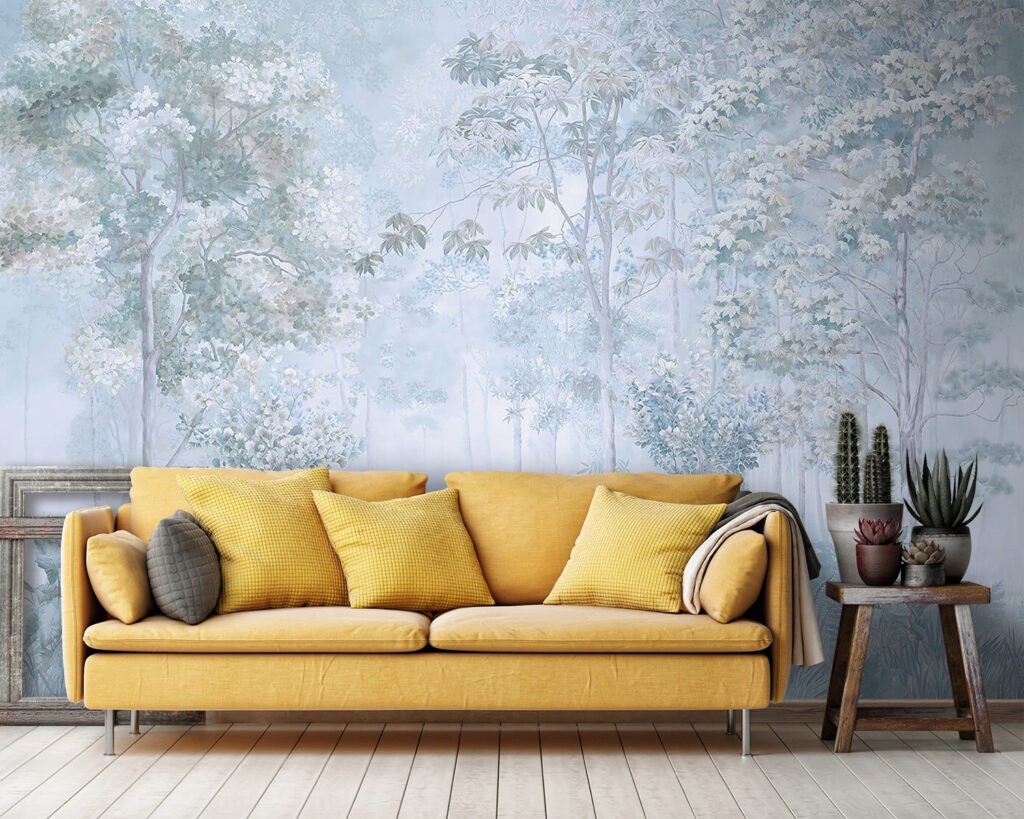 Foggy forest with trees and plants Foggy forest with trees and plants