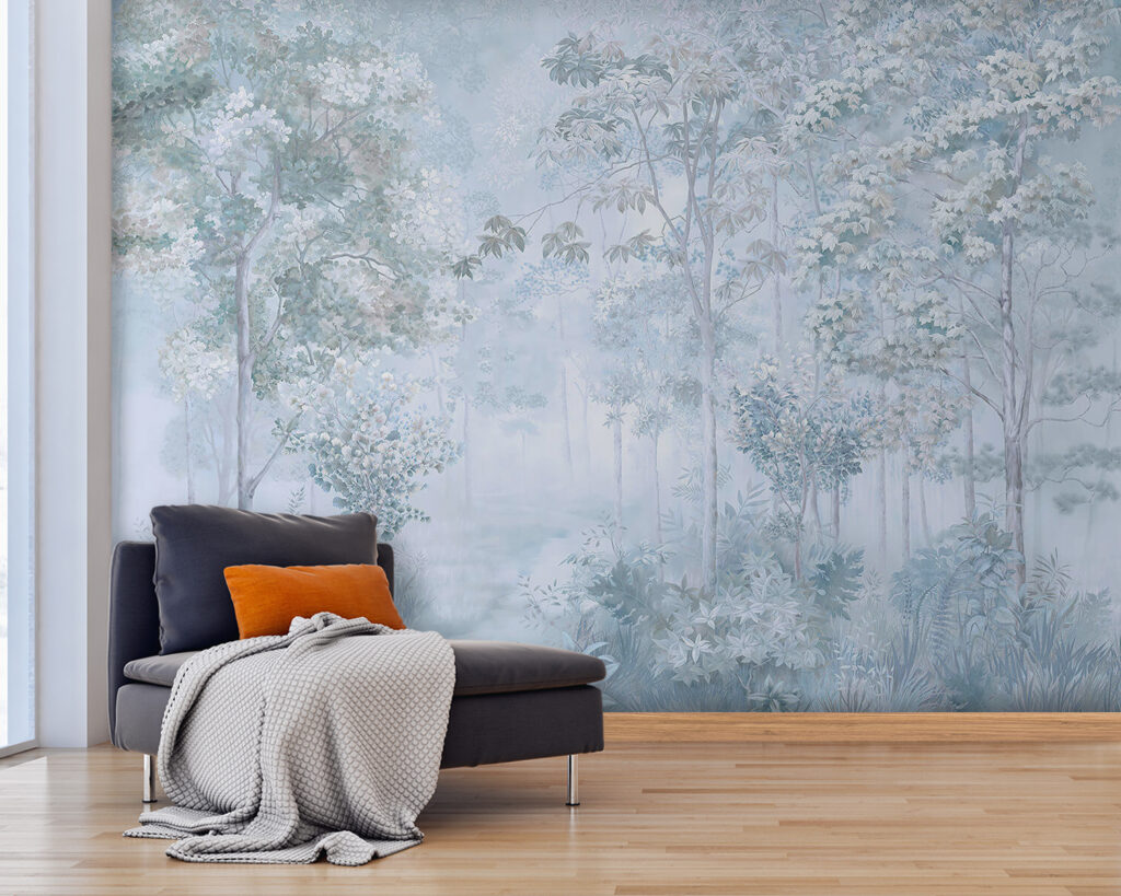 Foggy forest with trees and plants Foggy forest with trees and plants