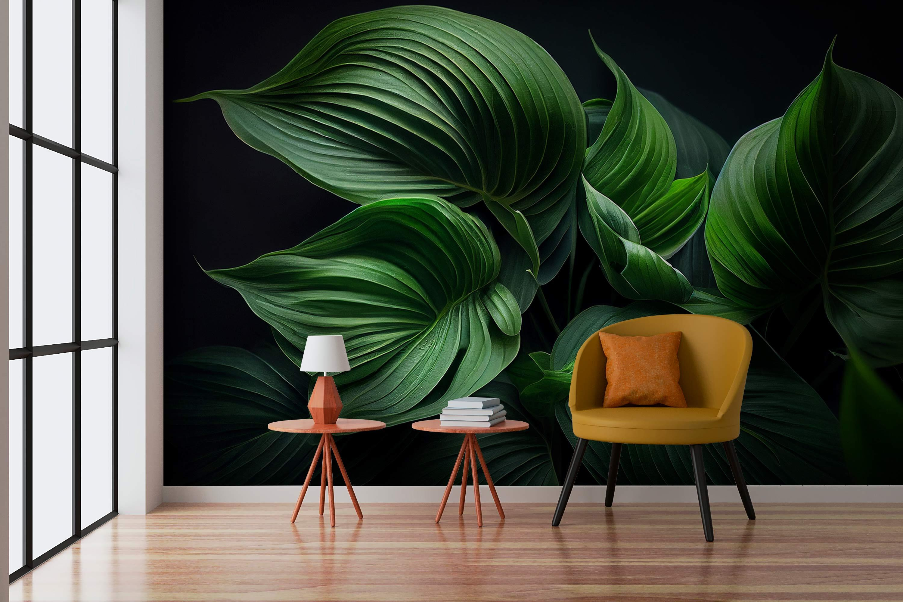 Lush green leaves in serene darkness Lush green leaves in serene darkness