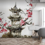 Fototapeta Obraz pagody a třešňových květů