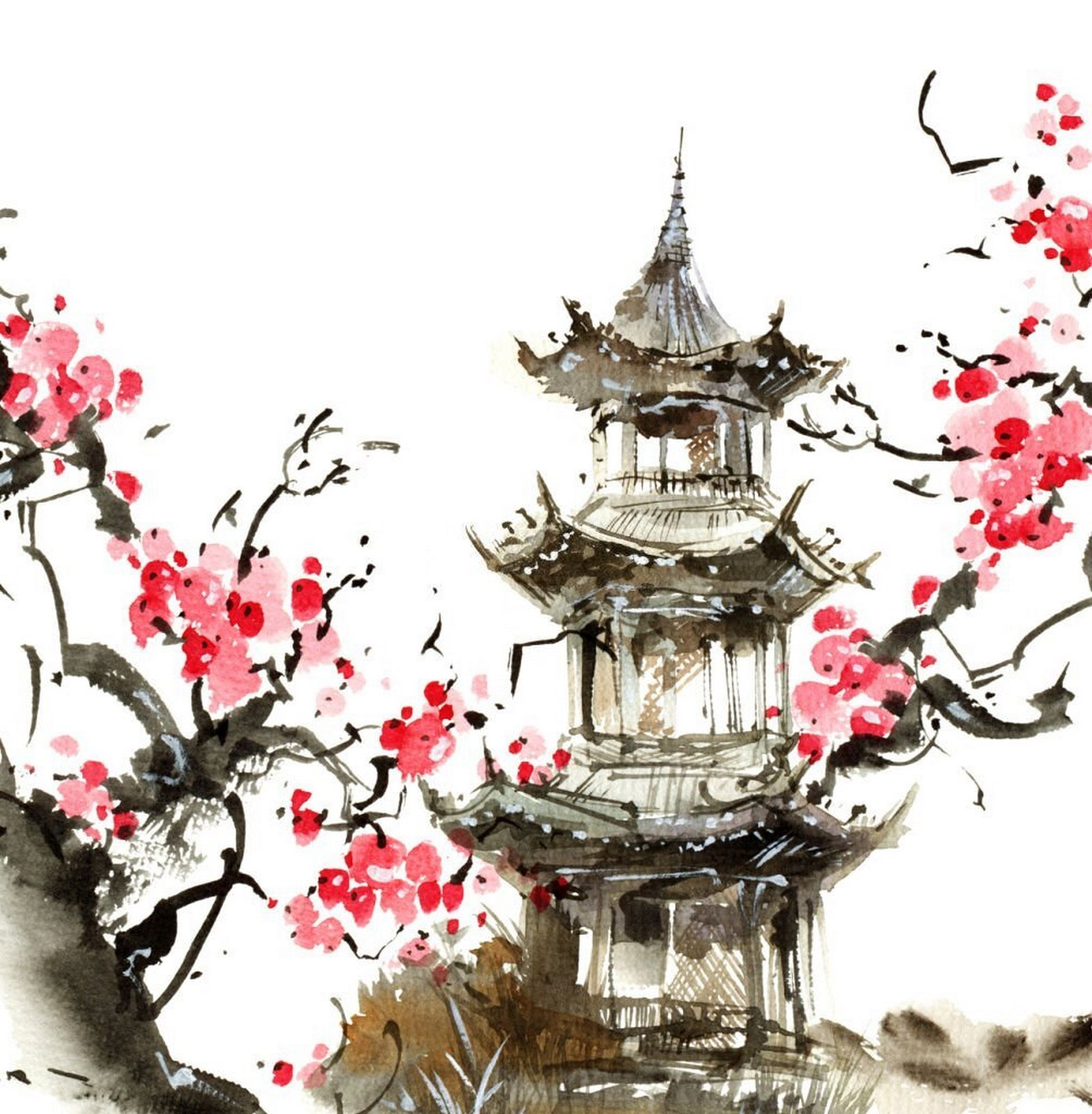 Painting of a pagoda and cherry blossoms Painting of a pagoda and cherry blossoms