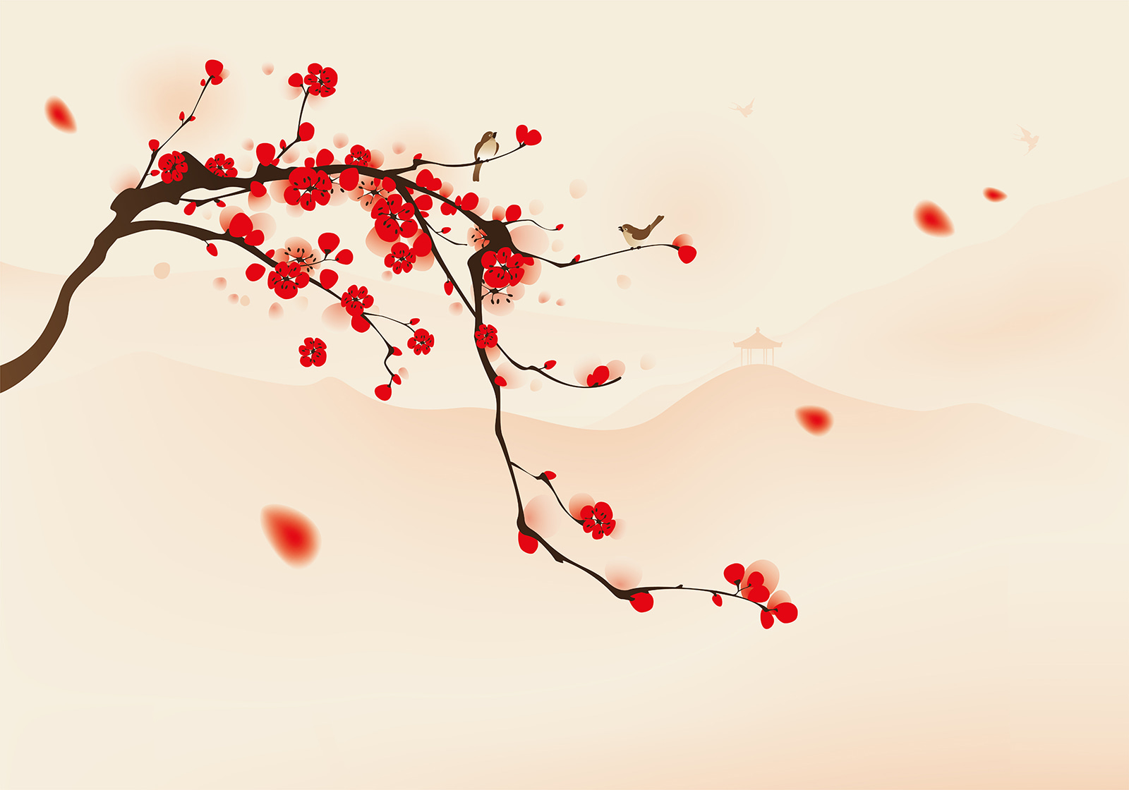 Branch with red flowers and birds flying in the sky
