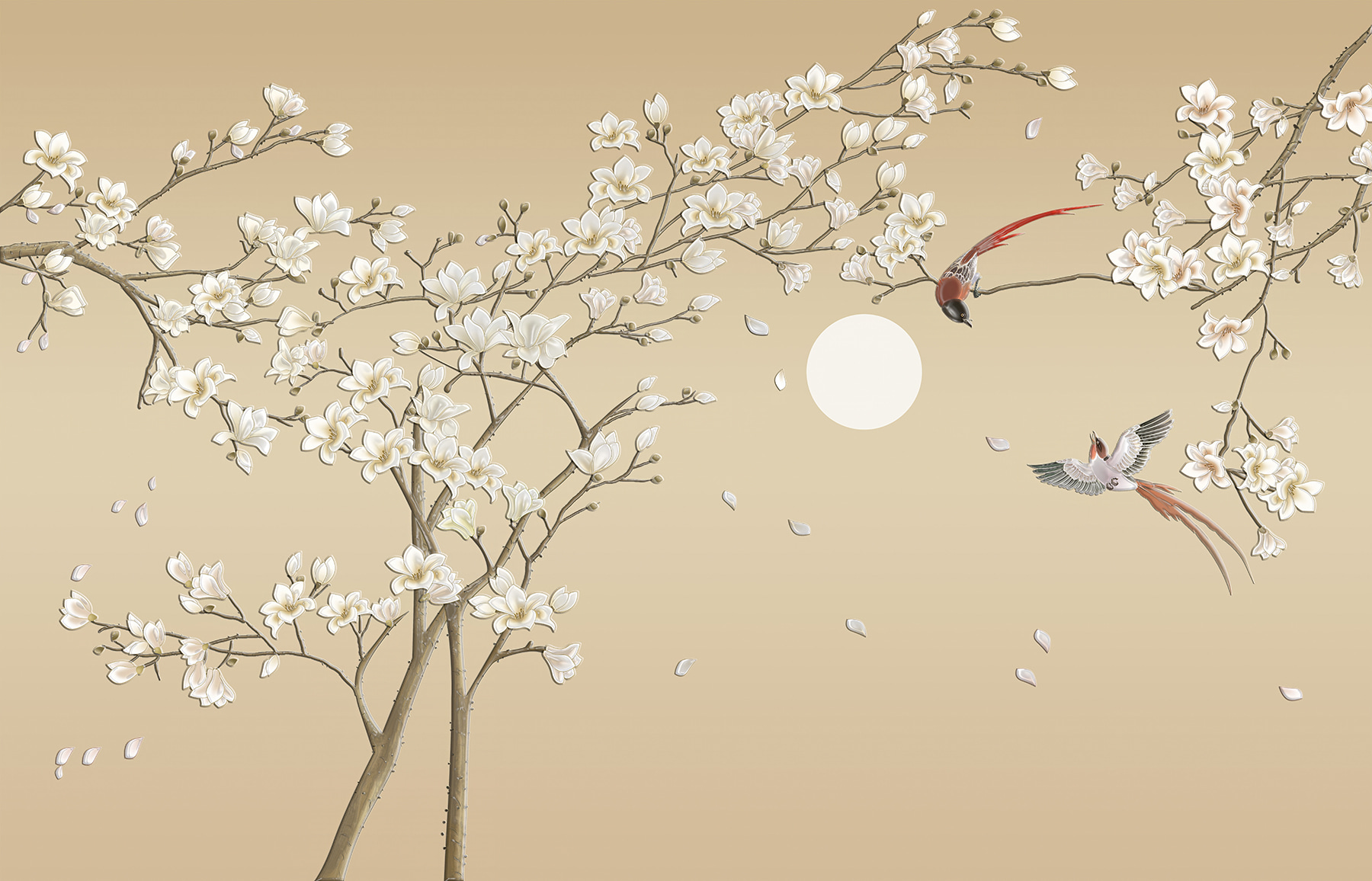 Tree with white flowers and birds