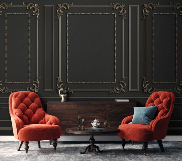 Elegantní zdobený design stěn v tmavých tónech Elegantní zdobený design stěn v tmavých tónech