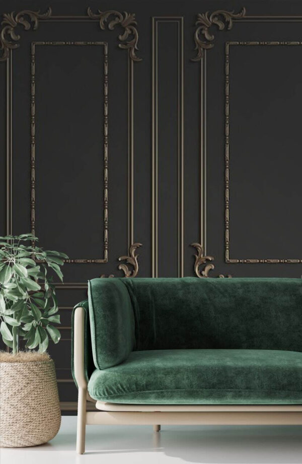 Elegantní zdobený design stěn v tmavých tónech Elegantní zdobený design stěn v tmavých tónech
