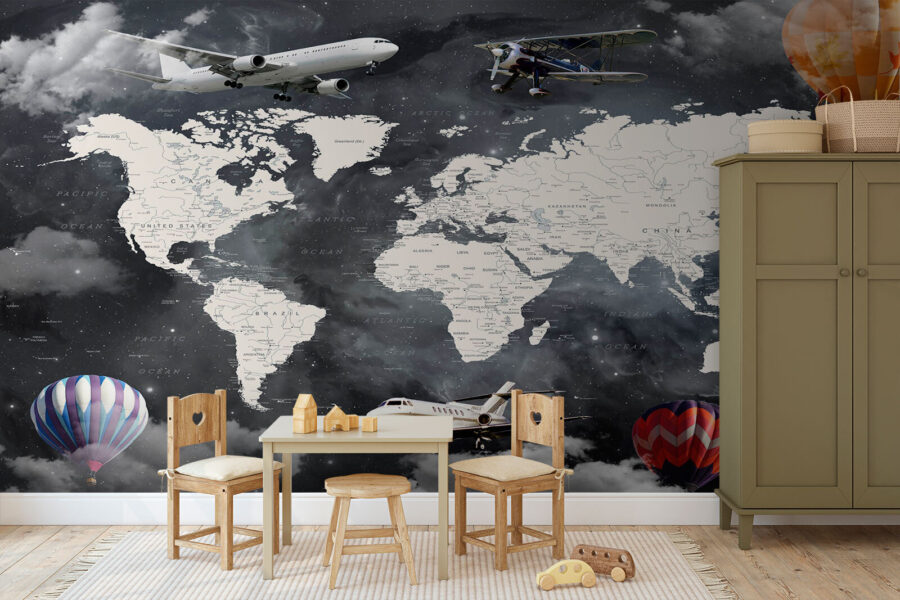 Fototapeta Mapa světa s letadly a horkovzdušnými balóny - Image 2