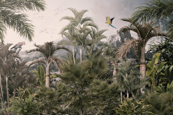 Tropical forest with palm trees and a bird flying Tropical forest with palm trees and a bird flying