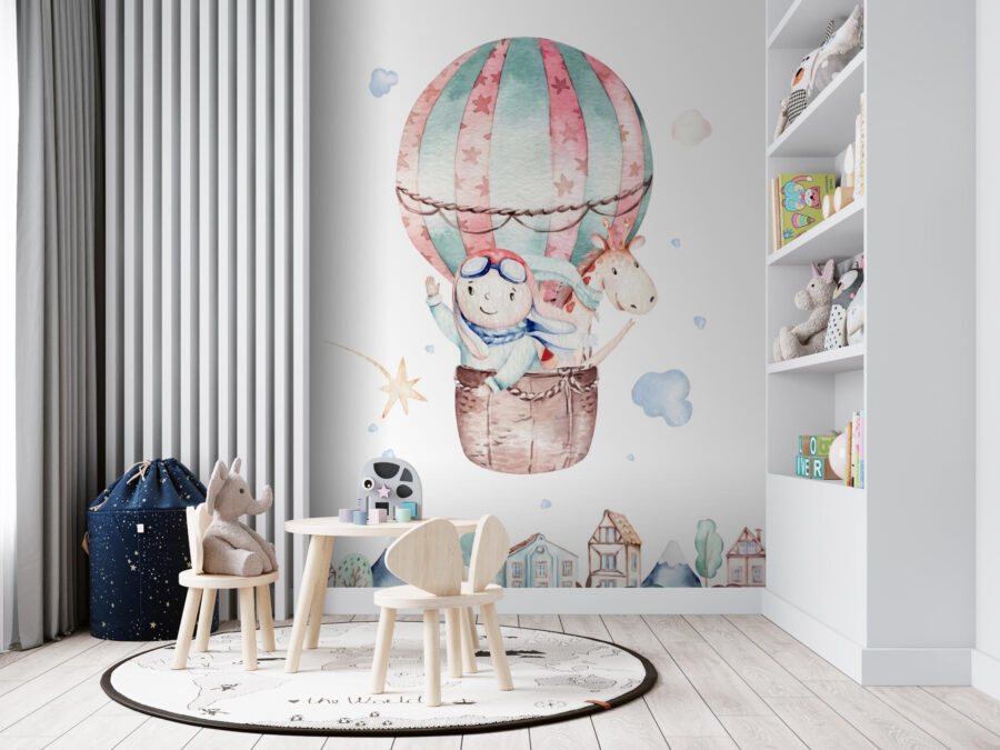 Akvarelová ilustrace osoby v horkovzdušném balonu