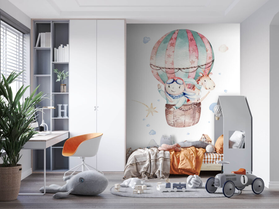 Akvarelová ilustrace osoby v horkovzdušném balonu