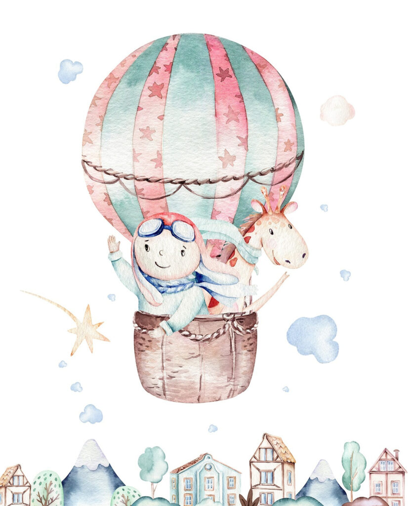 Akvarelová ilustrace osoby v horkovzdušném balonu Akvarelová ilustrace osoby v horkovzdušném balonu