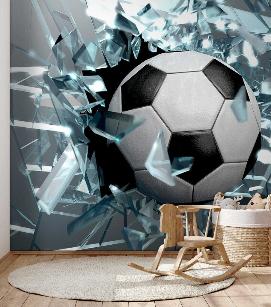 Football ball breaking through glass Football ball breaking through glass