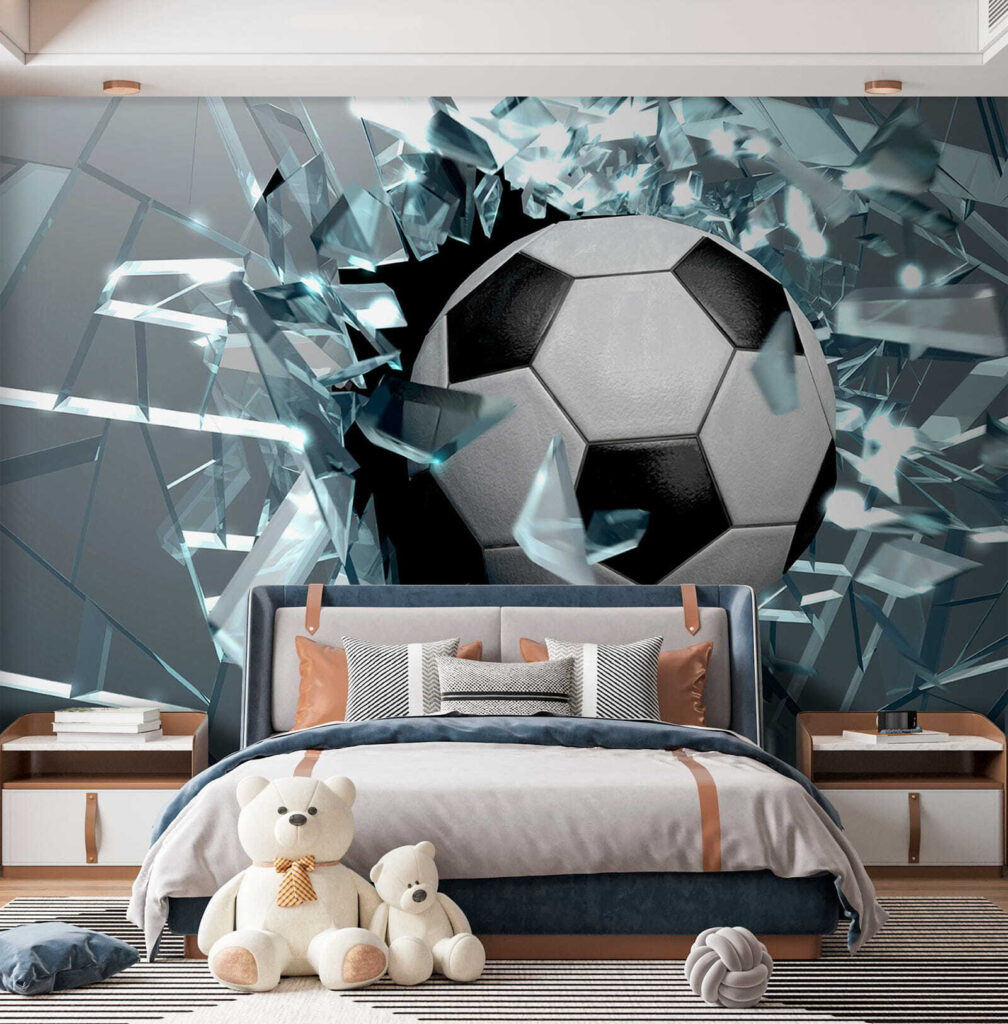 Football ball breaking through glass Football ball breaking through glass