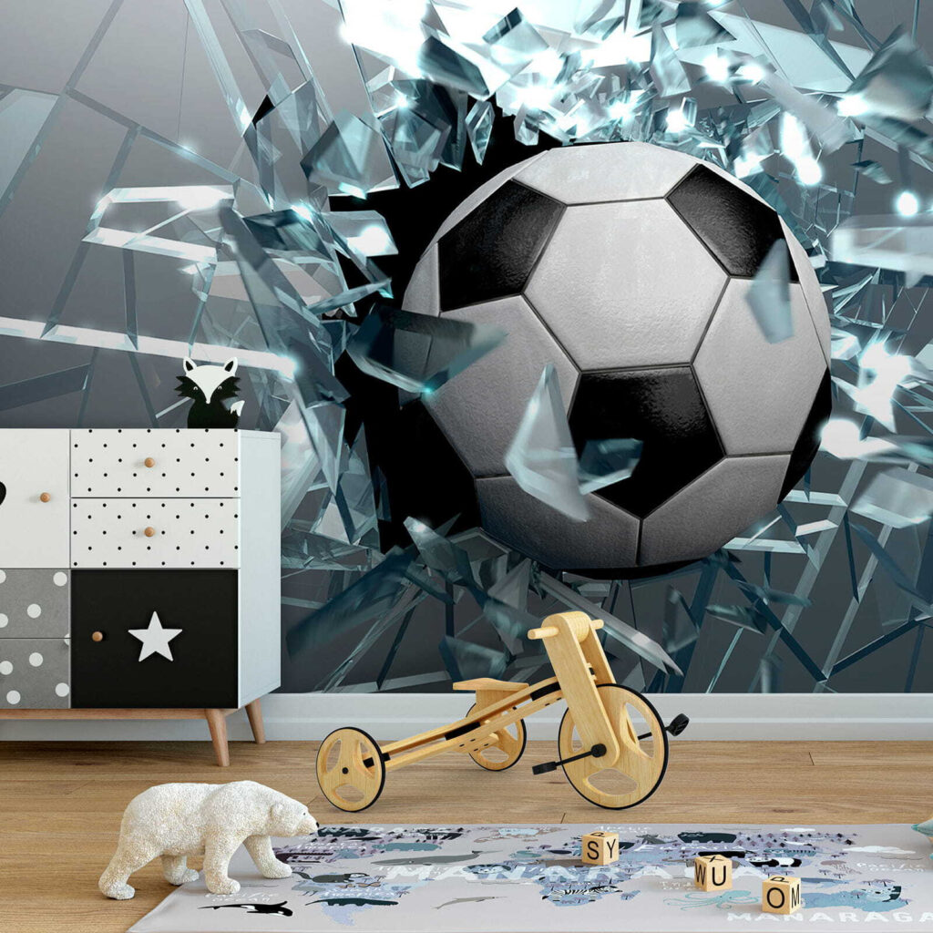 Football ball breaking through glass Football ball breaking through glass