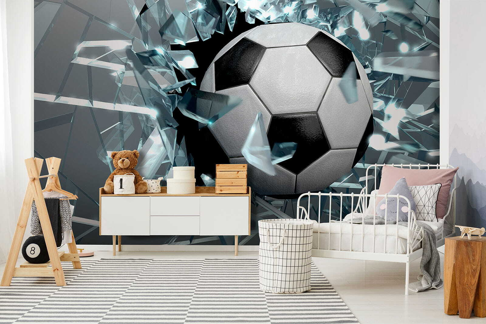 Football ball breaking through glass Football ball breaking through glass