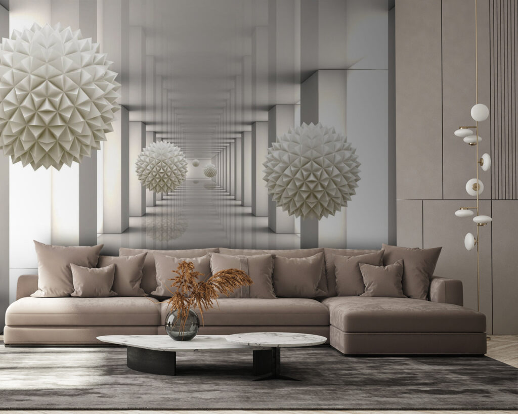 White room with white columns and white balls