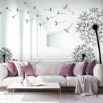 Fototapeta Dívka jedoucí na kole v místnosti s pampeliškami