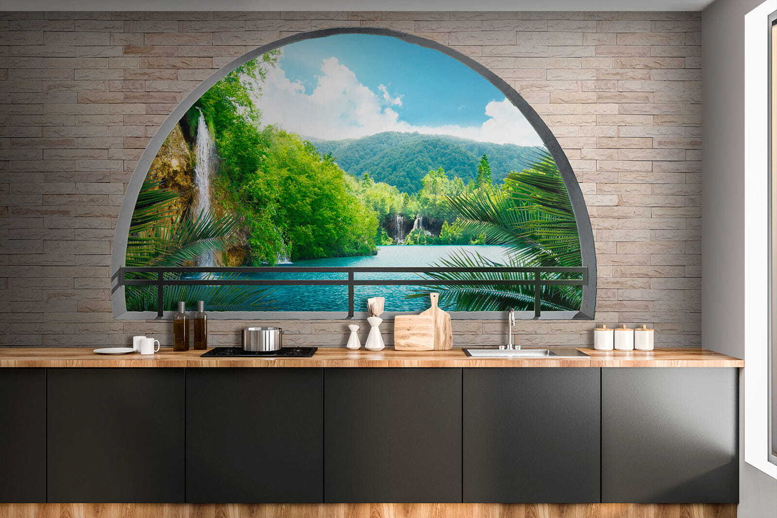 Window with a waterfall and trees