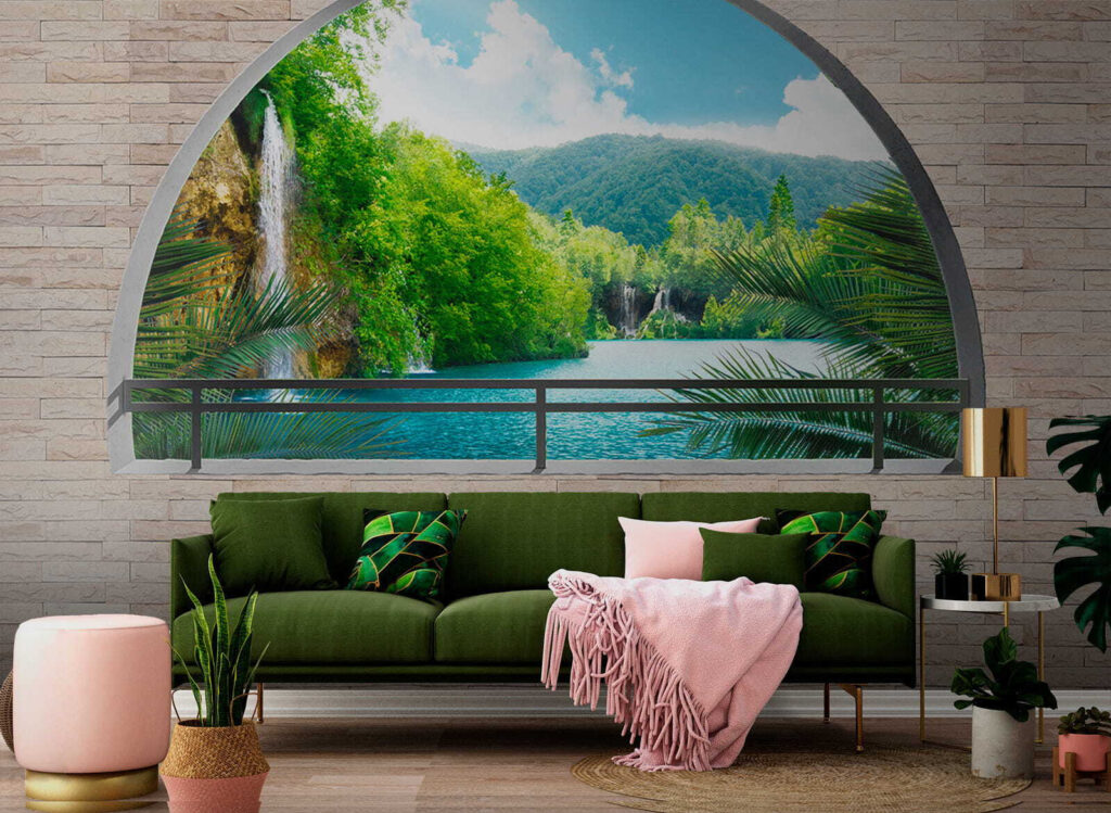 Window with a waterfall and trees