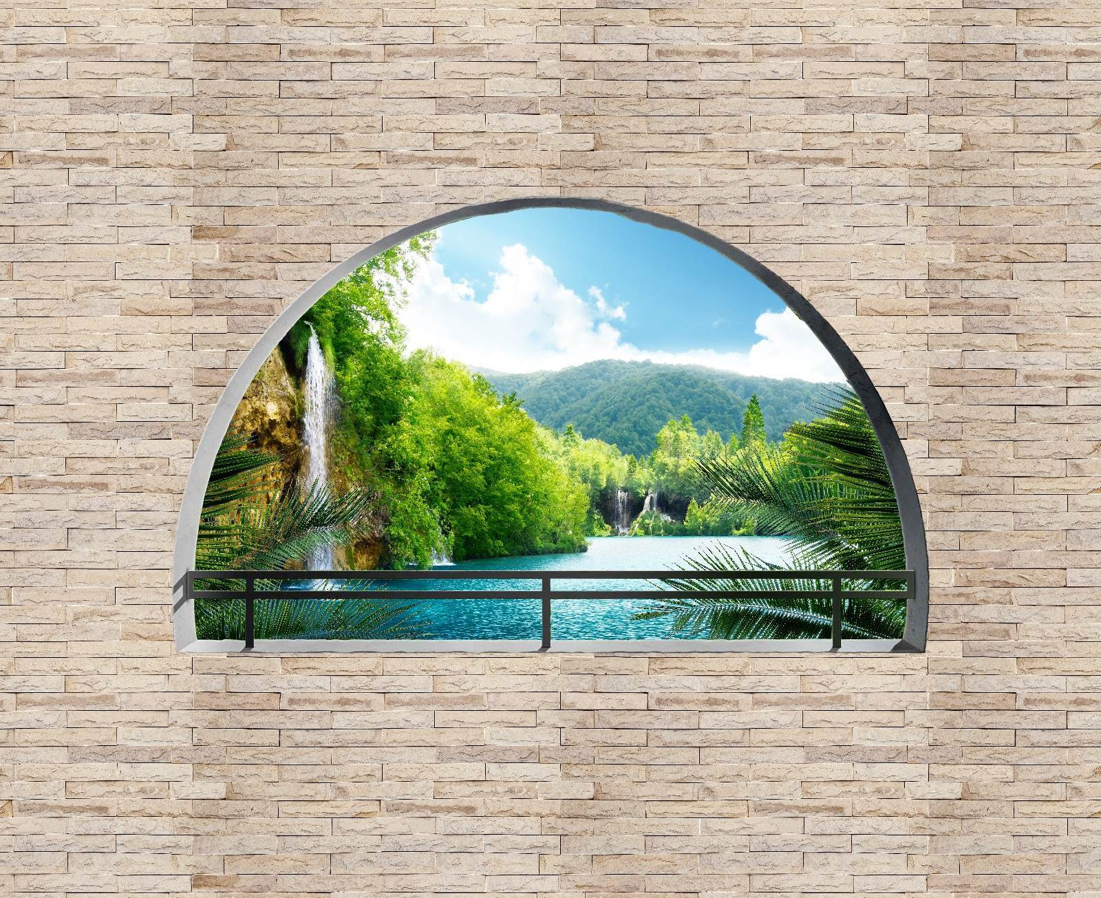 Window with a waterfall and trees