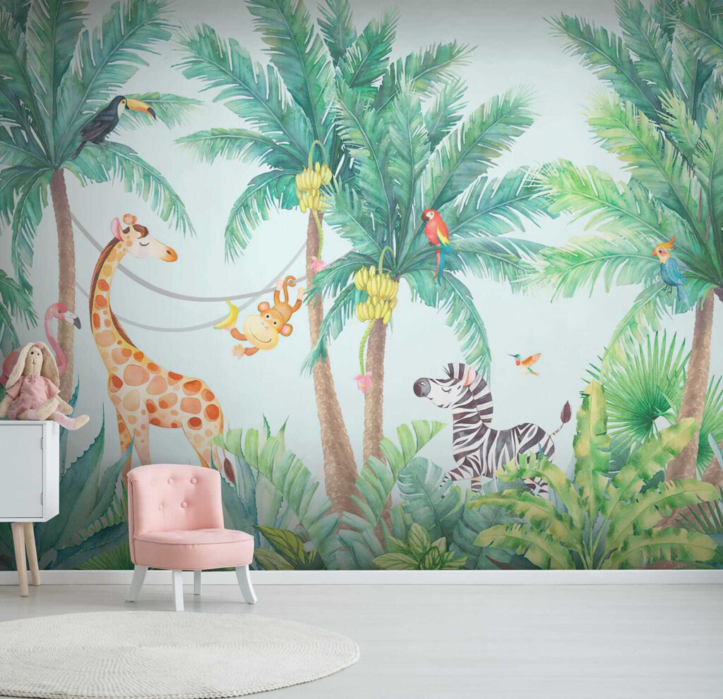 Giraffe and zebra in a jungle