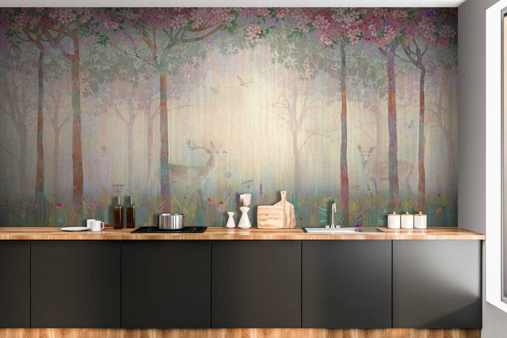 Painting of a forest with trees and flowers