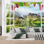 Fototapeta Okno s výhledem na jezero a hory