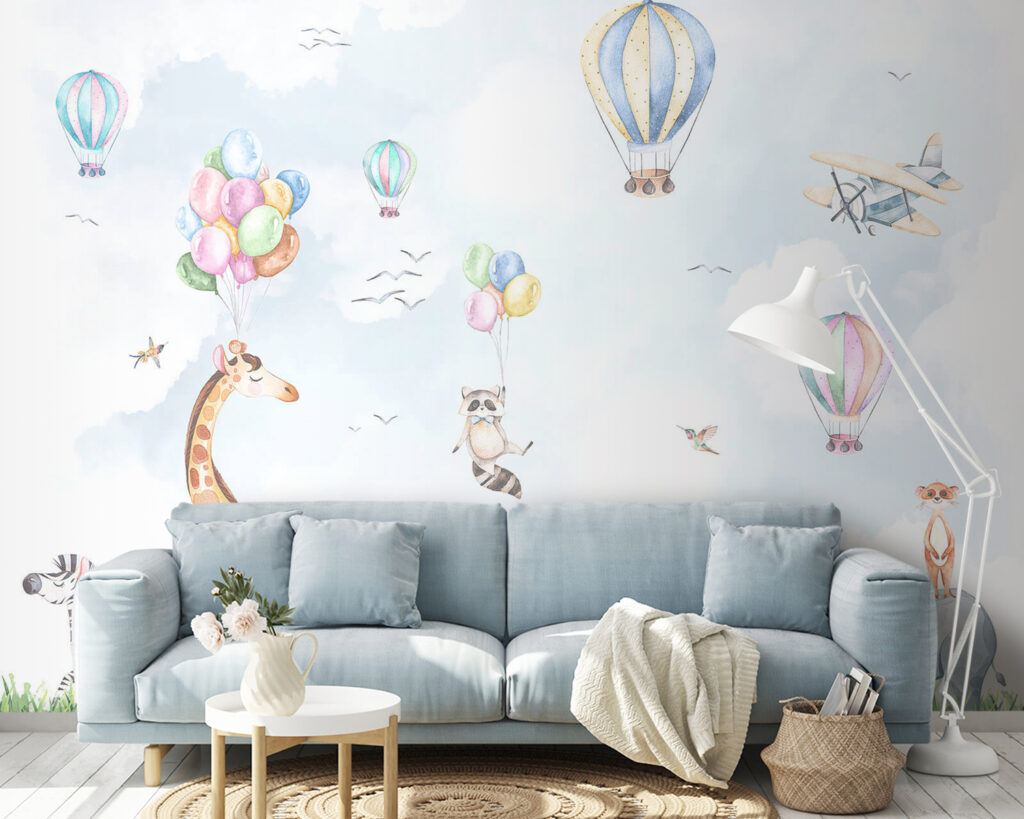 Watercolor of animals and balloons