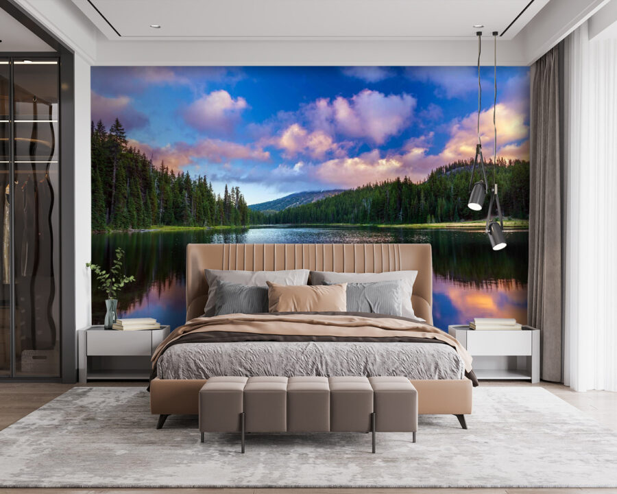 Fototapeta Jezero obklopené stromy a horami