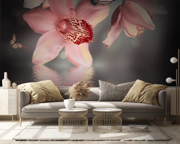 Růžové orchideje a motýli na větvi Růžové orchideje a motýli na větvi