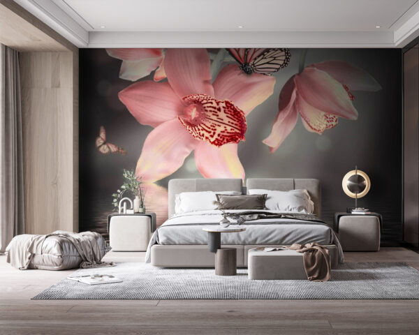 Růžové orchideje a motýli na větvi Růžové orchideje a motýli na větvi