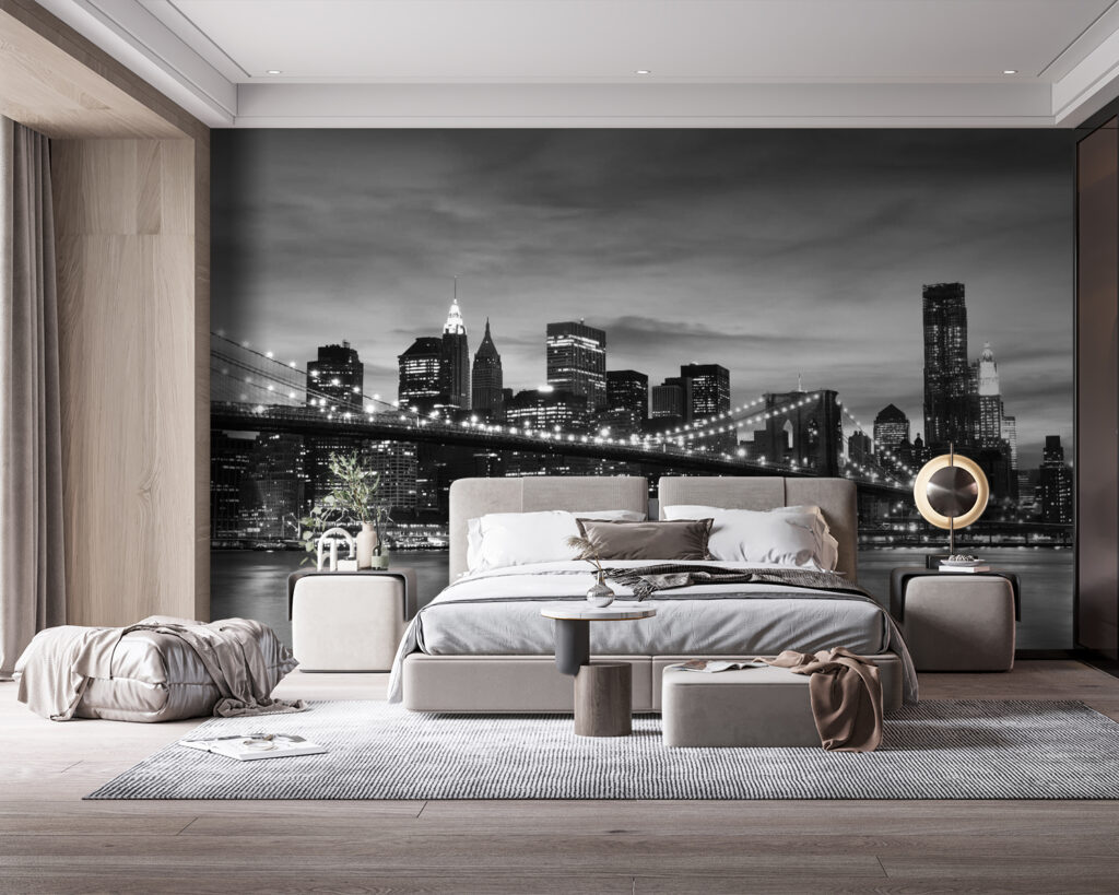 Bridge over water with city skyline in the background Bridge over water with city skyline in the background