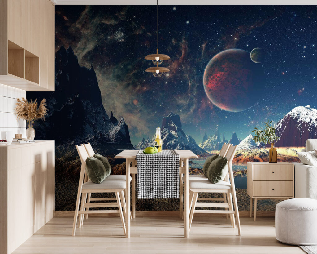 Landscape of mountains and water with planets and stars