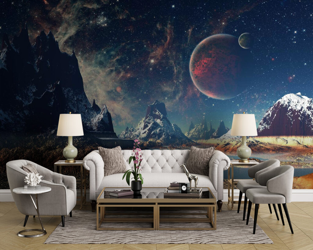 Landscape of mountains and water with planets and stars