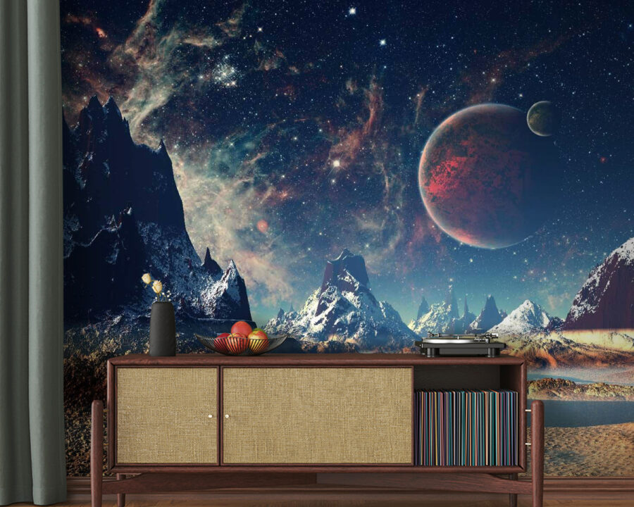 Krajina hor a vody s planetami a hvězdami