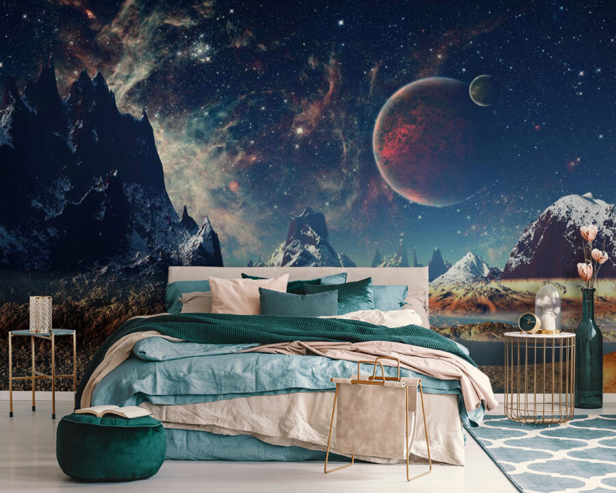 Krajina hor a vody s planetami a hvězdami