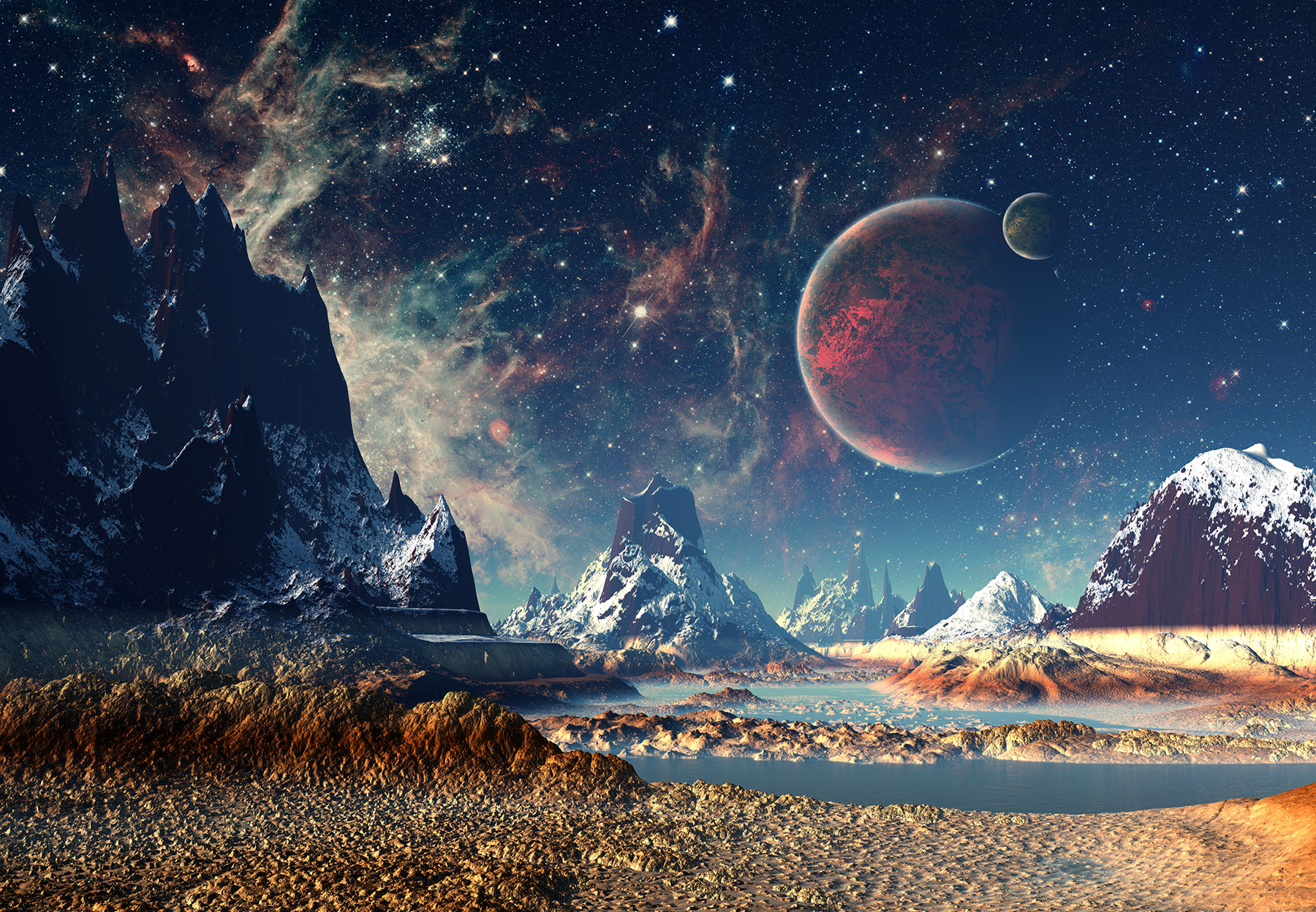 Landscape of mountains and water with planets and stars