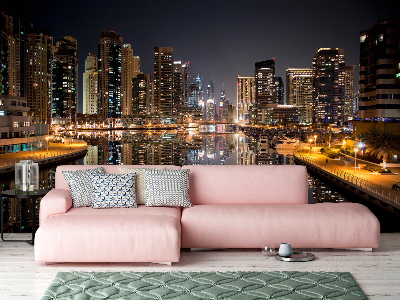 City skyline with lights reflecting on water