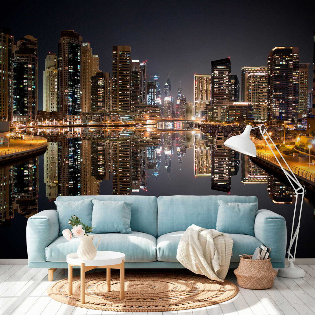 City skyline with lights reflecting on water