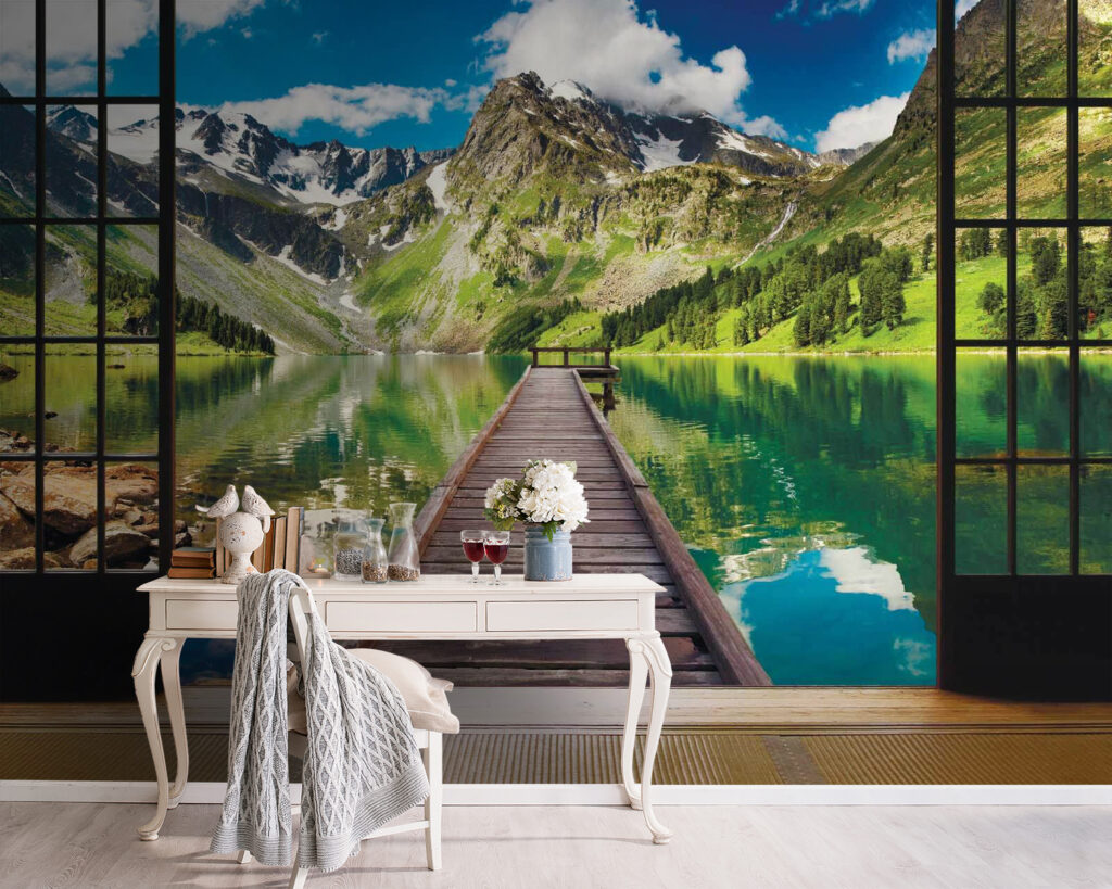 View of a lake from a room with a wooden dock and mountains View of a lake from a room with a wooden dock and mountains