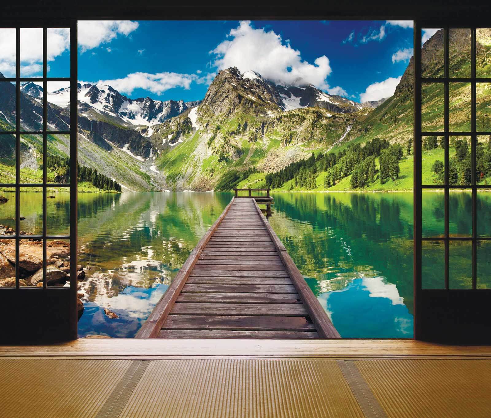 View of a lake from a room with a wooden dock and mountains View of a lake from a room with a wooden dock and mountains